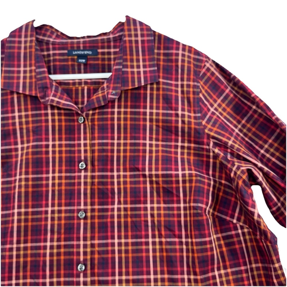 Lands End 22W No Iron Supima Red Plaid LS Button Up Shirt 100% Cotton Casual